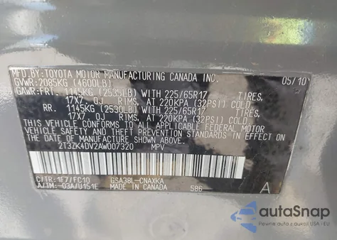 2010 Toyota Rav4 Base V6 from USA, damaged, VIN 2T3ZK4DV2AW007320